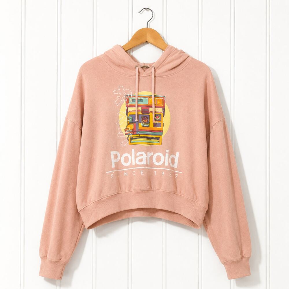 Polaroid Women's L Pink Cropped Hoodie Retro Camera Graphic Pullover Sweatshirt